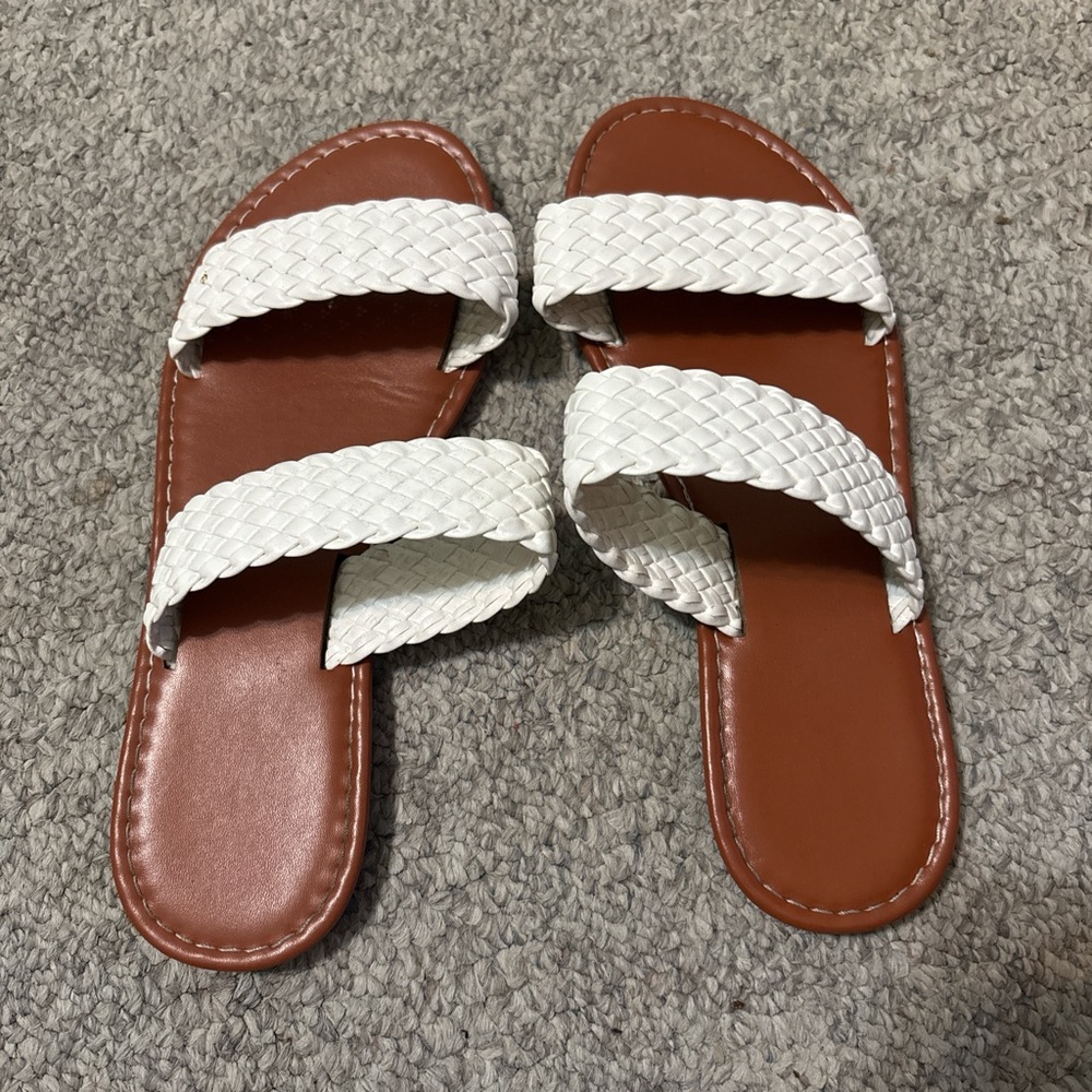 White and Brown Open-Toe Sandals with Braided Straps